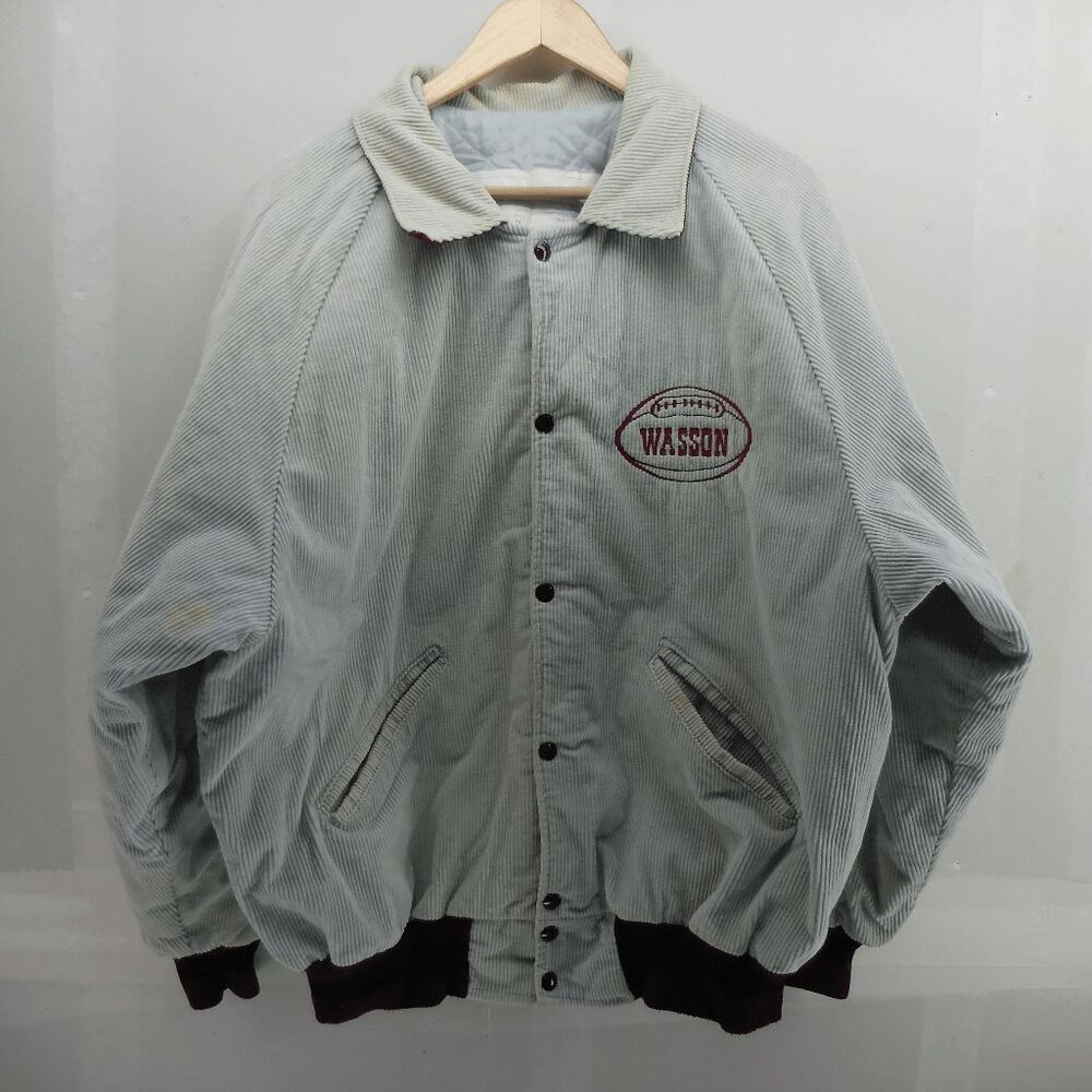 Vintage DeLong Adult XL Lite Gray Corduroy Varsity Jacket Made in USA Wasson REA